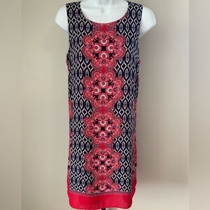 Rose & Olive Sleeveless Navy Shift Dress with Pink Medallion Print